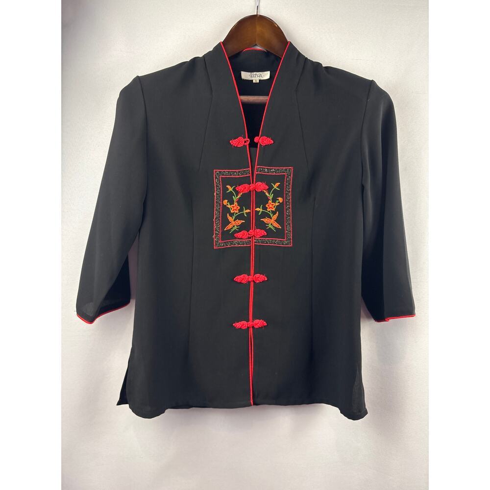 Women’s Lina Medium Black Asian Style Blouse w/ Floral Embroidery